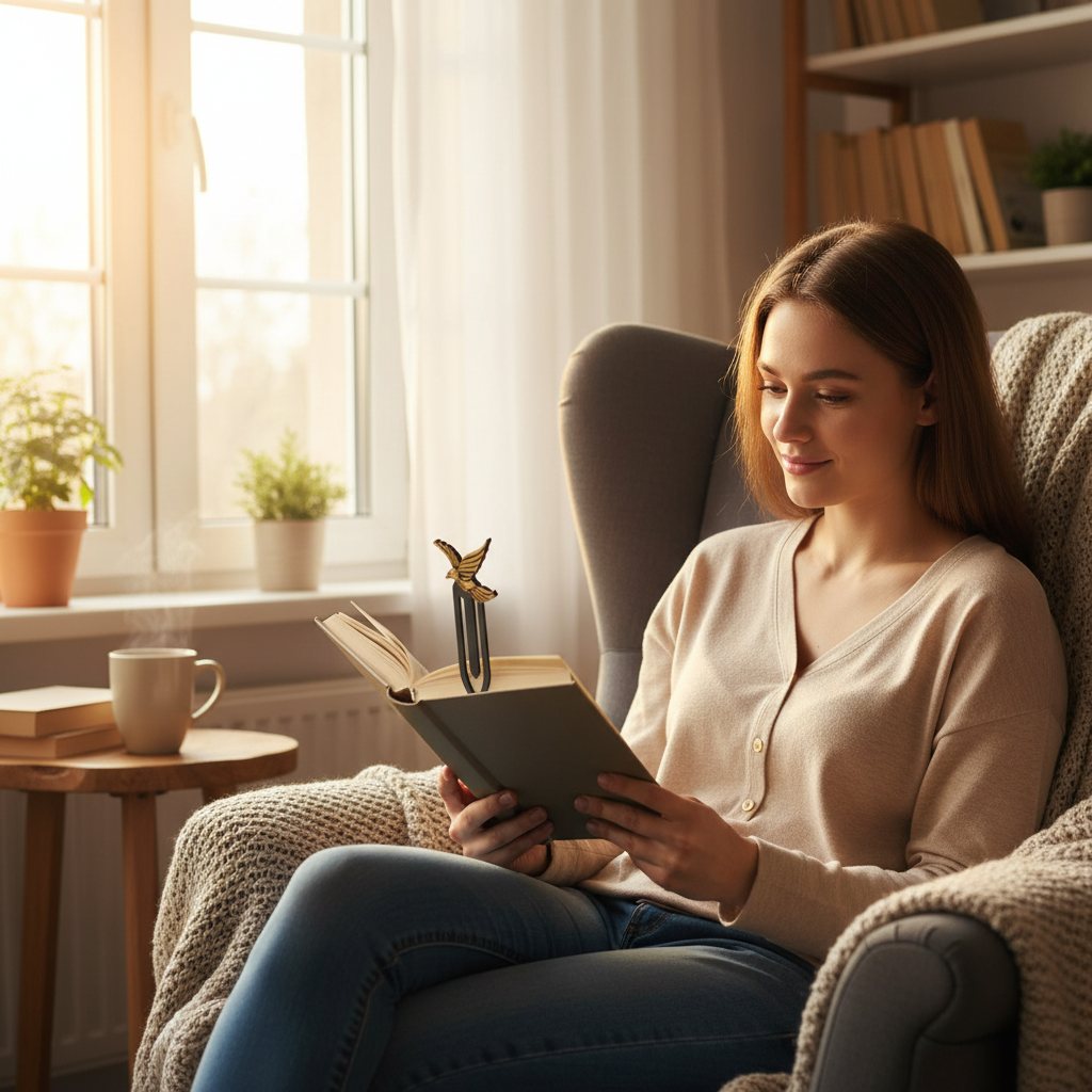 Person reading with cute bird clip bookmark attached to book page