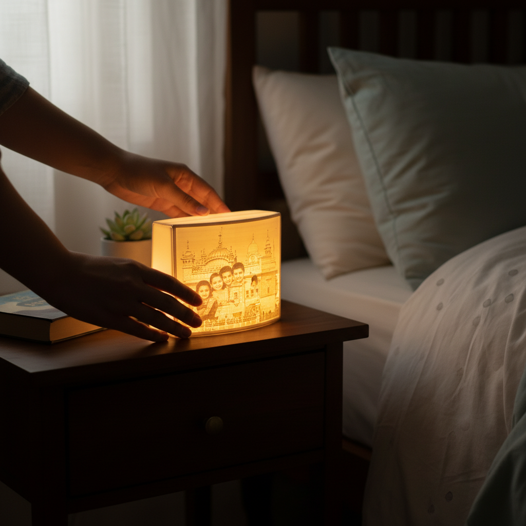 Person placing glowing personalized lithophane photo lamp bedside table