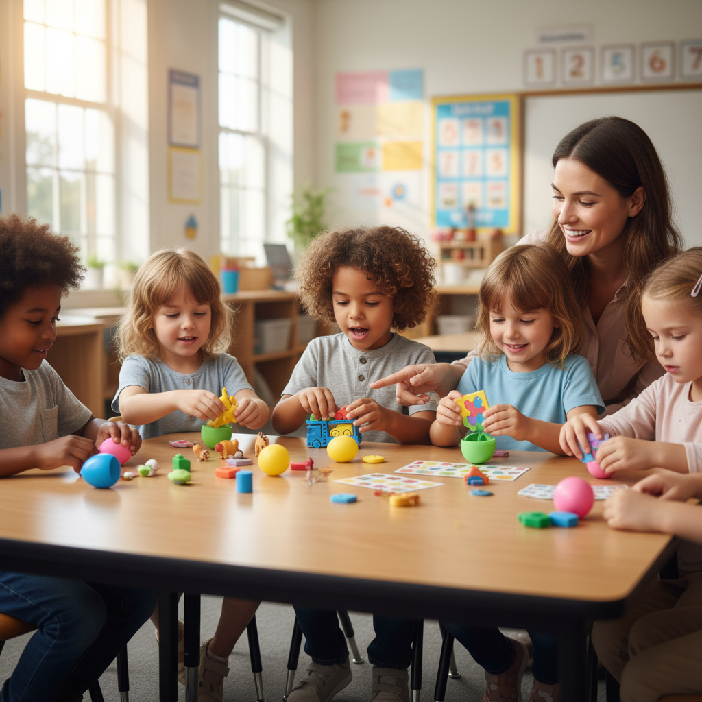 Children classroom playing surprising egg activity interactive learning