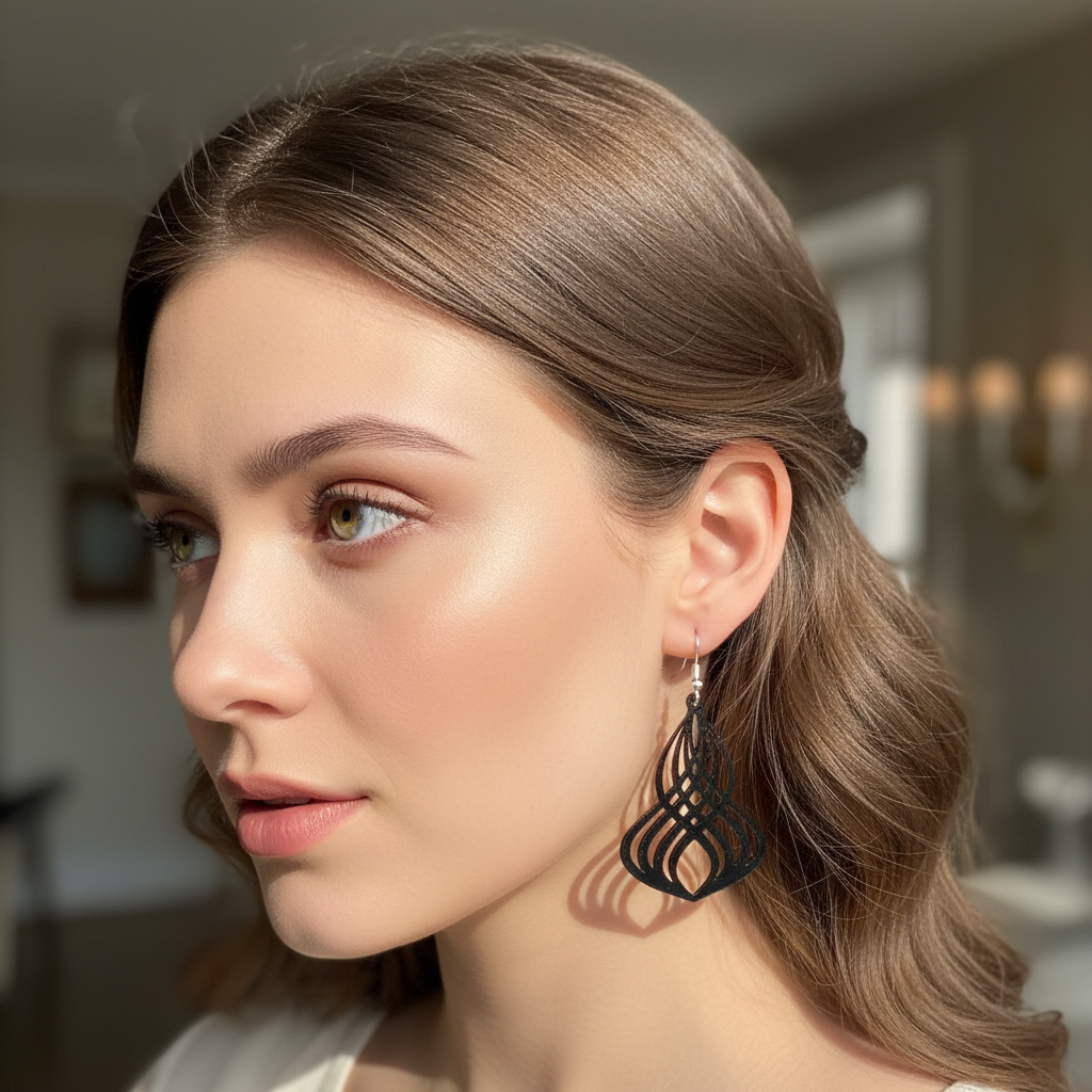 Woman wearing wavy cutout 3D printed earrings elegant jewelry
