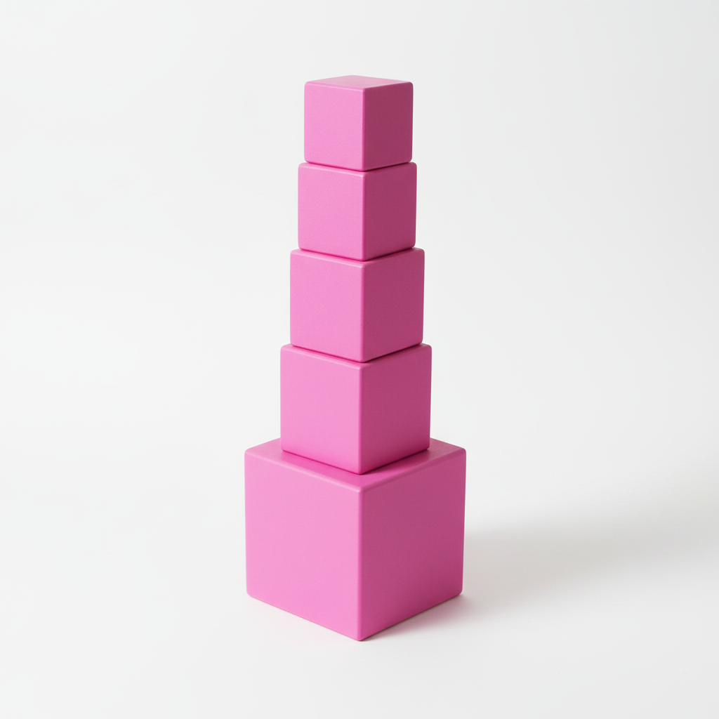 Complete pink tower Montessori set 10 graduated cubes stacked