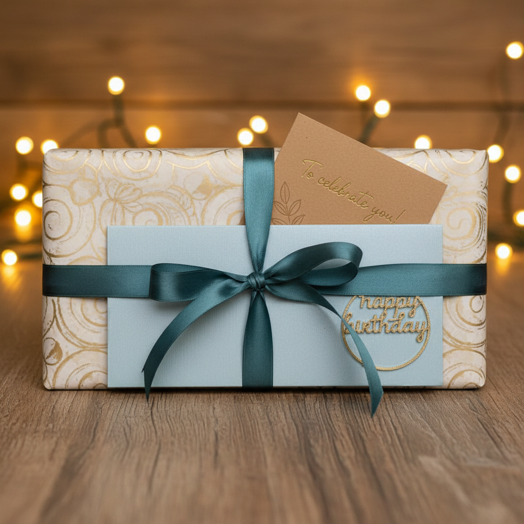 Light blue Happy Birthday envelope gift presentation for birthday celebrations