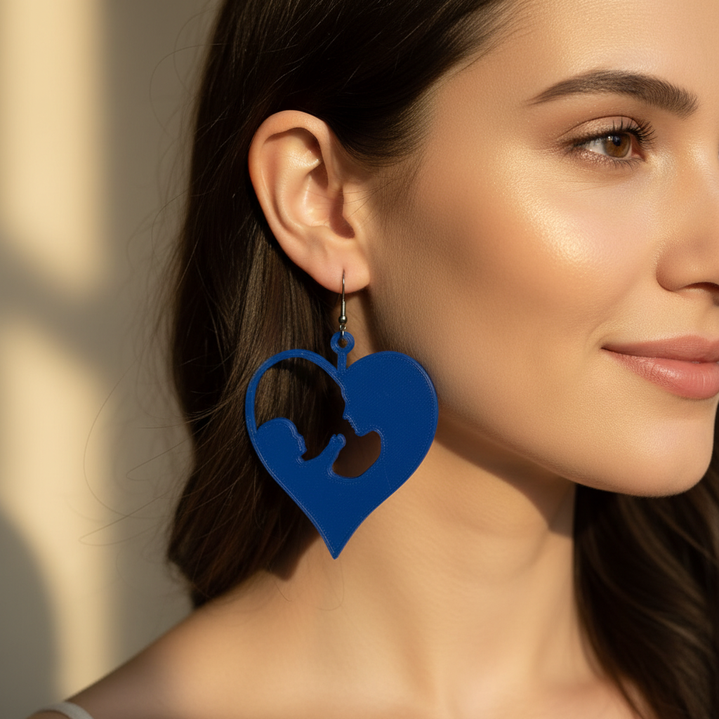 Woman wearing blue white mother child heart earrings elegant jewelry