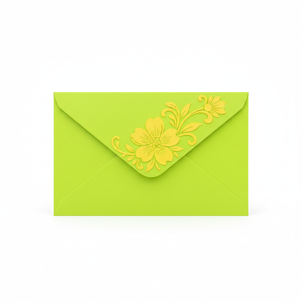 Close-up of lime green 3D printed envelope showing yellow flower design