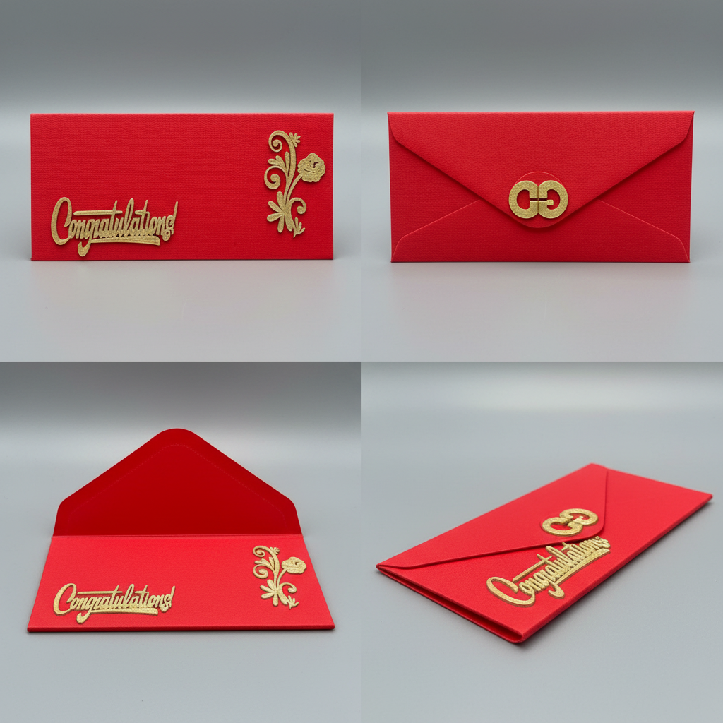 Multiple angle views of red Congratulations envelope showing eco-friendly design