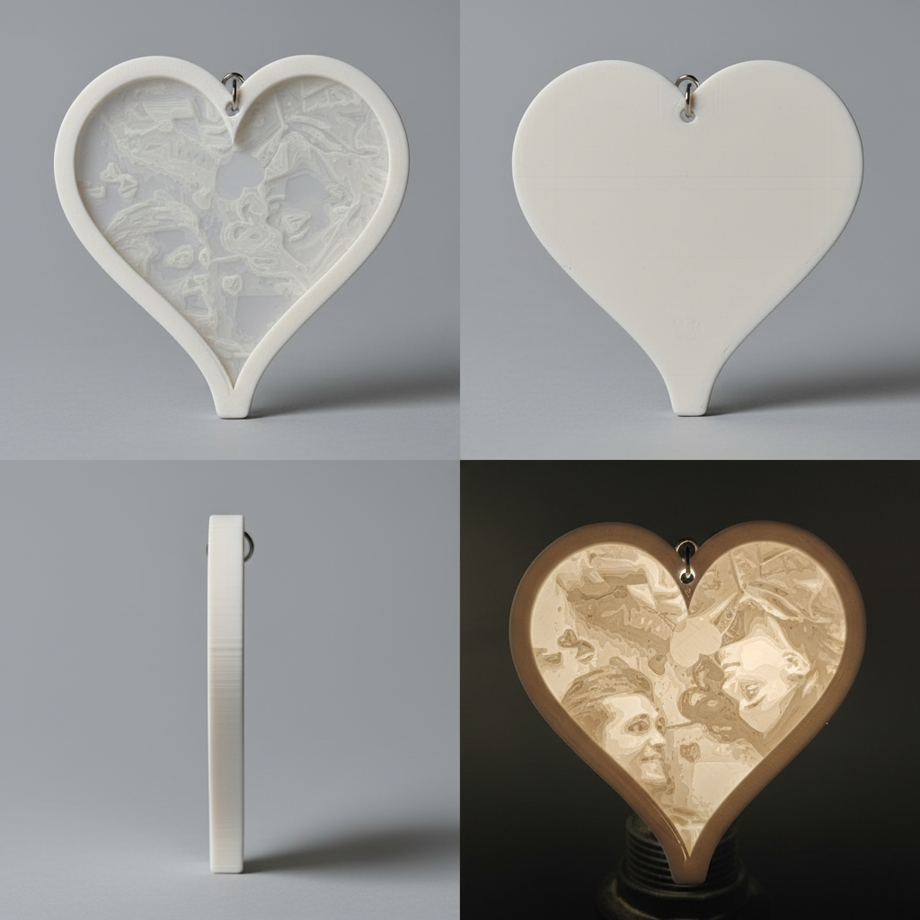 Multiple angle views of heart lithophane keychain showing backlit and non-backlit effects