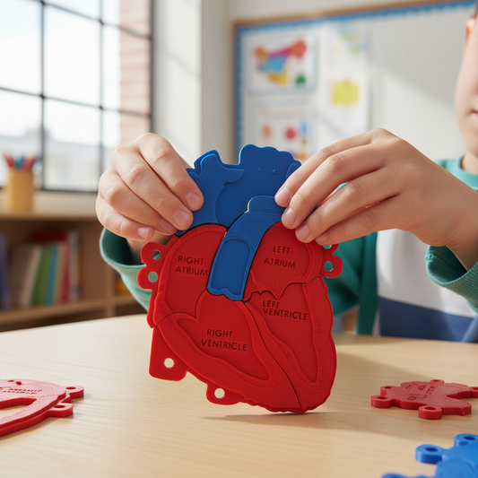 Child's hands assembling heart puzzle pieces for interactive learning