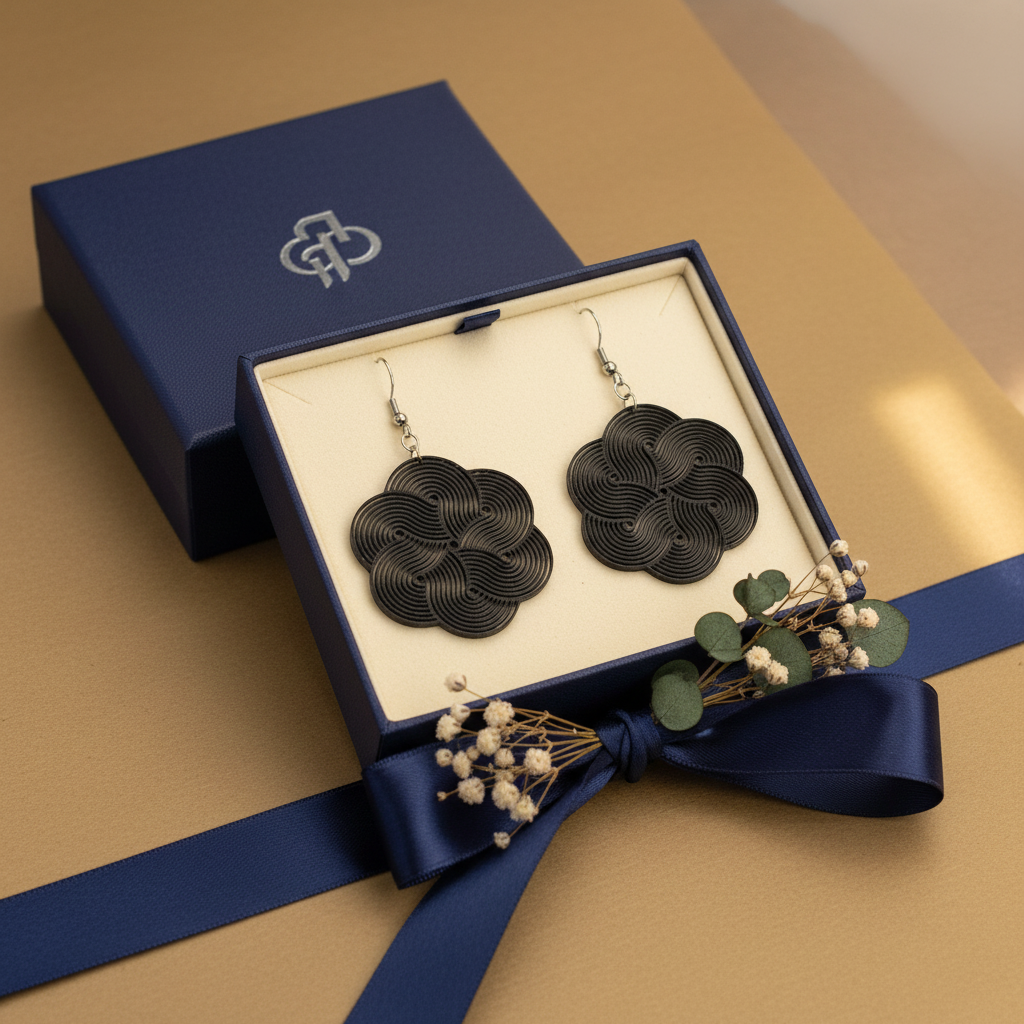 Black swirl earrings gift box wrapped jewelry present