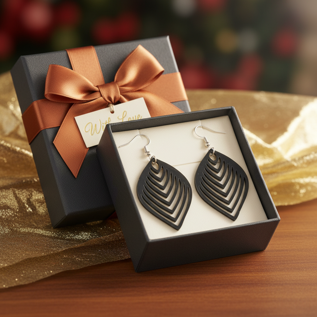 Dark petal earrings gift box wrapped jewelry present