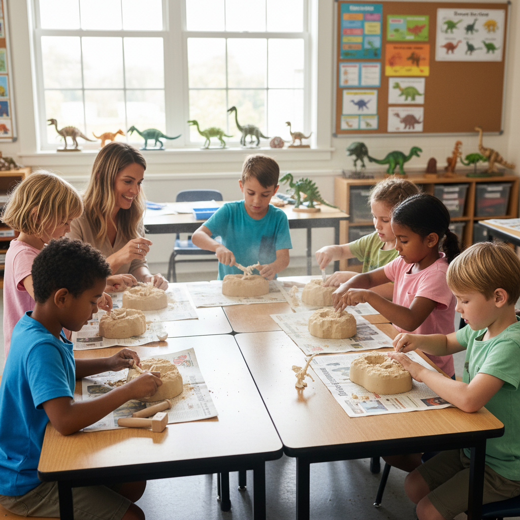 Children classroom using Dino Fossil Kits learning dinosaurs paleontology