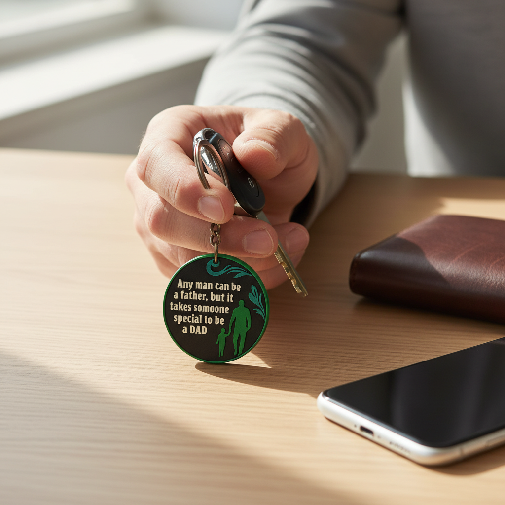 Dad using 3D printed keychain with car keys in everyday real-life setting