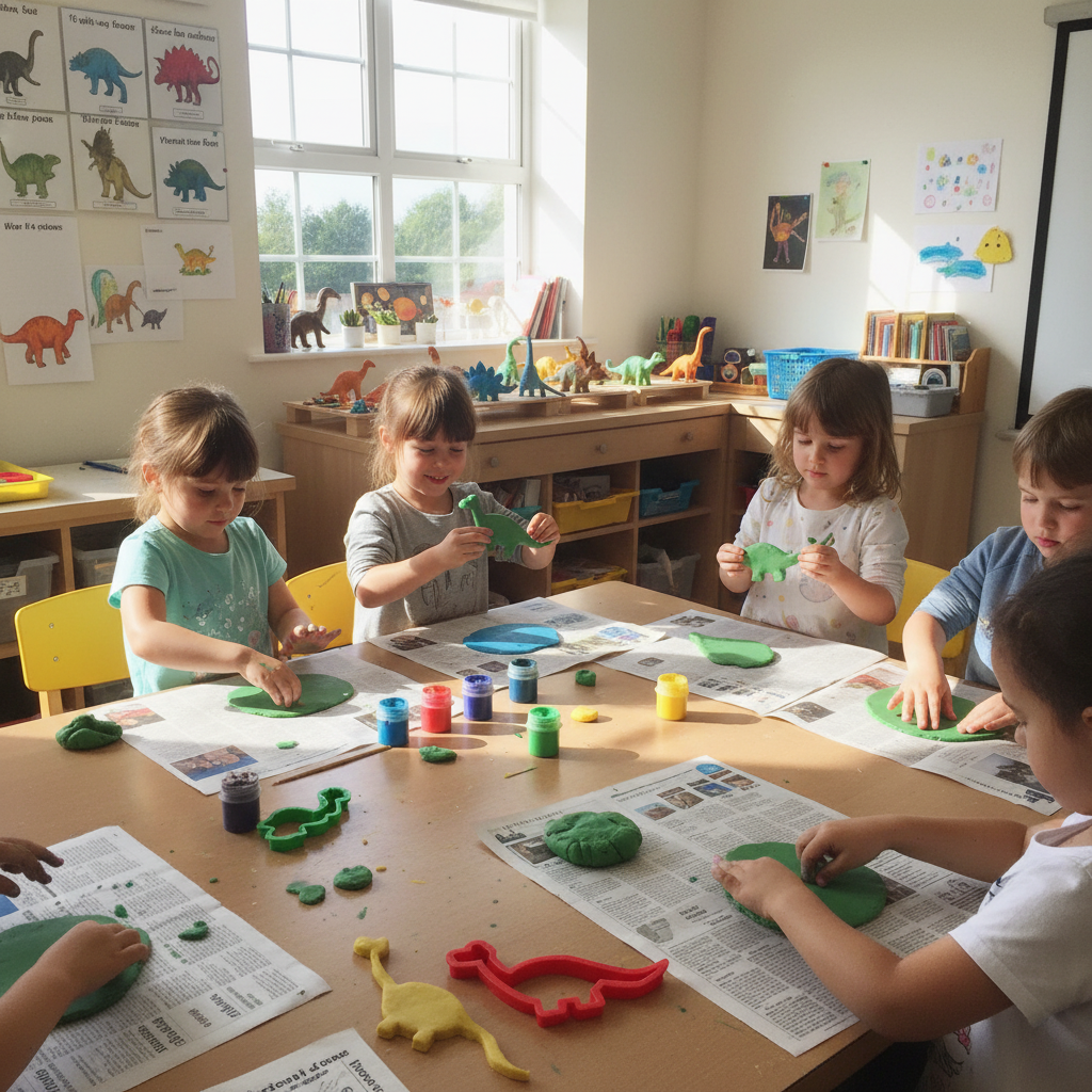 Children art class using dinosaur cutters clay projects