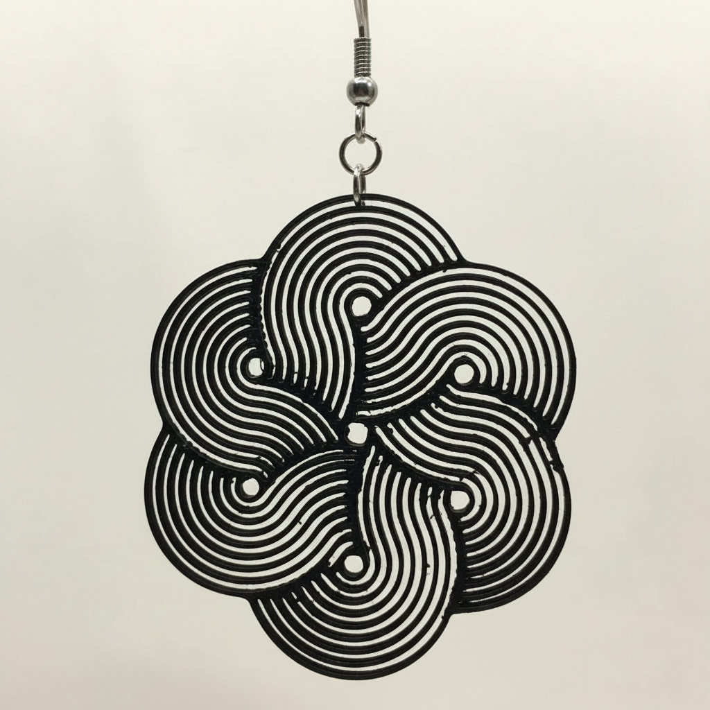 Close-up black swirl earrings intricate 3D printed spiral pattern