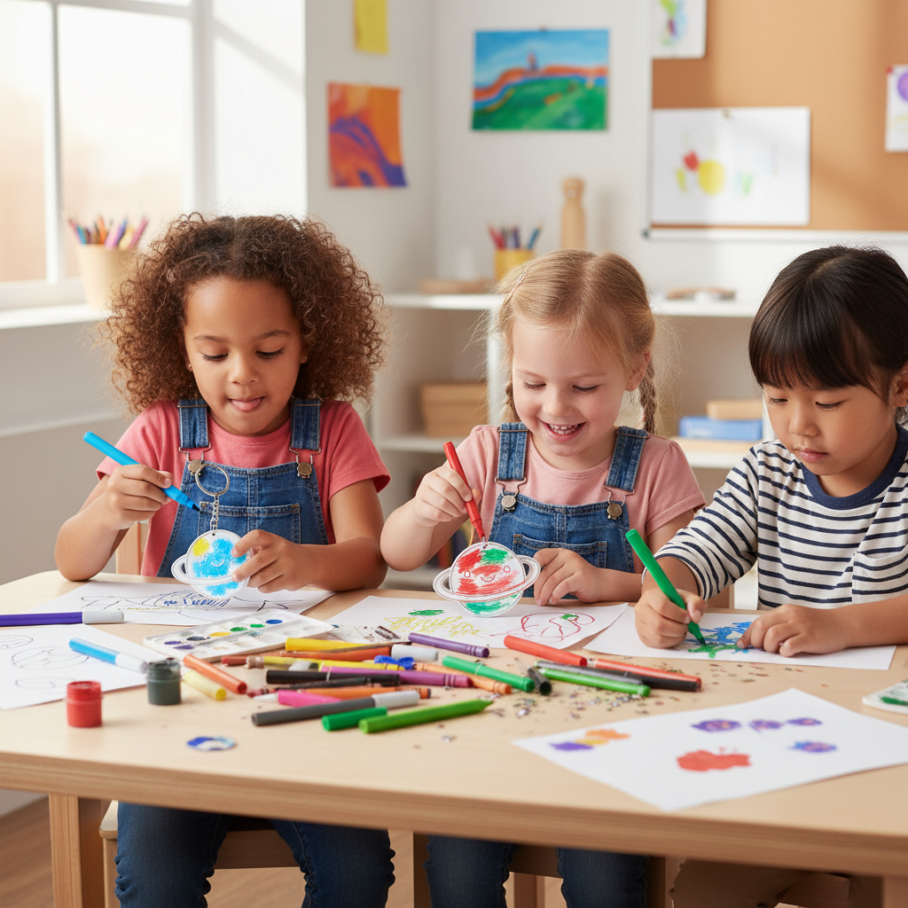 Children coloring smiley Saturn keychain showing creative DIY art activity