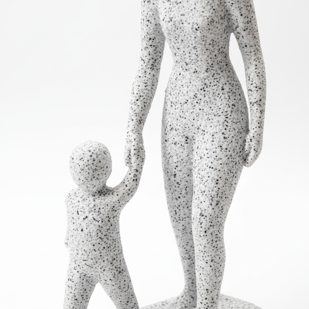 Close-up of speckled white guiding hand figurine showing mother guiding child sculpture