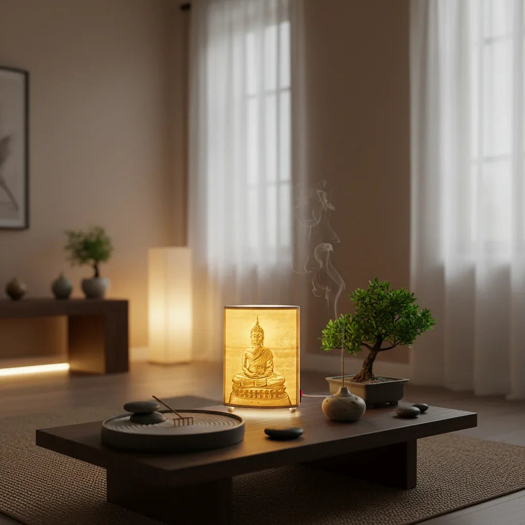 Minimalist Zen living room with Buddha lamp, bonsai tree, incense on coffee table at The Sculpt Studio