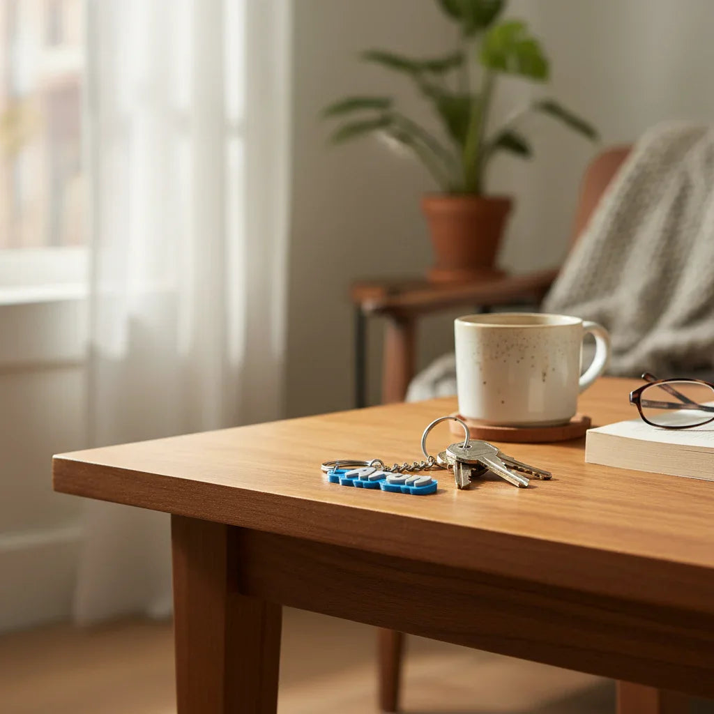 Keys, coffee mug, and glasses on a wooden table in cozy living room at The Sculpt Studio