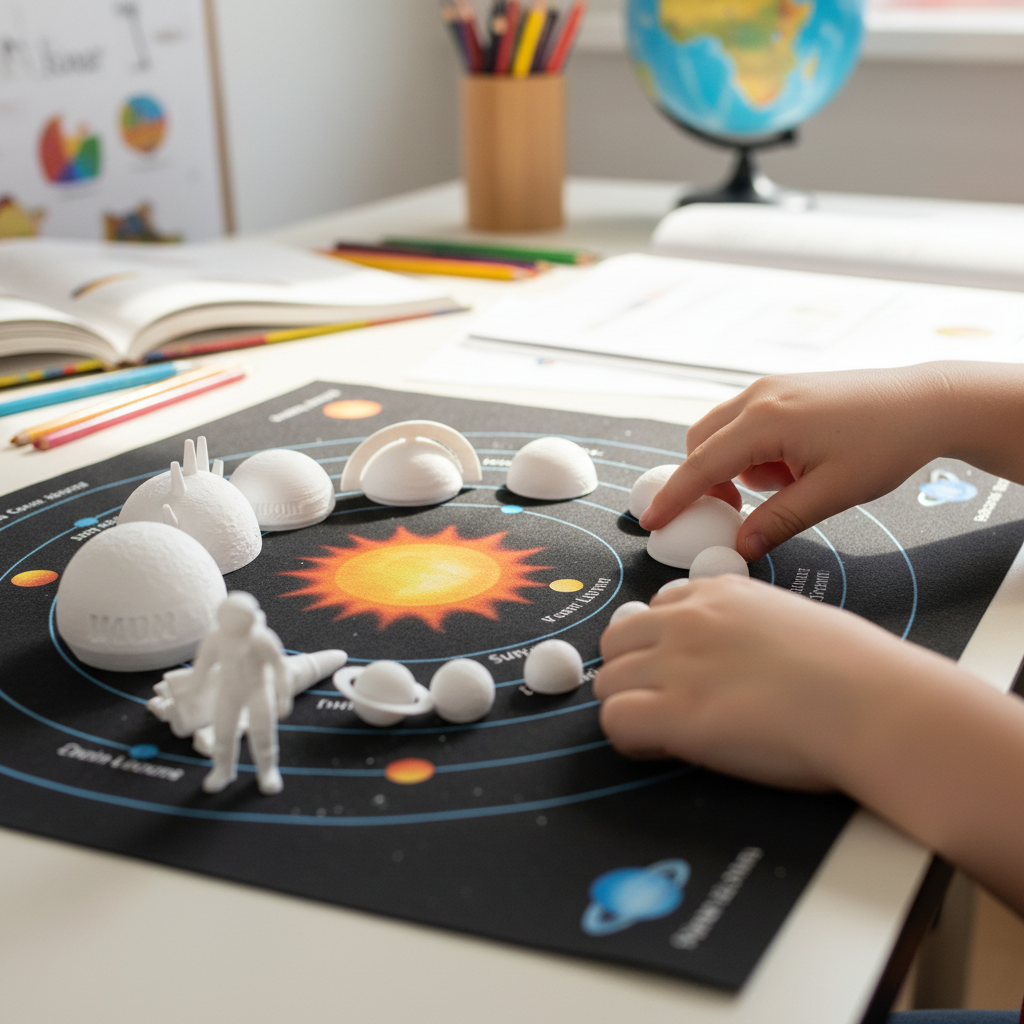 Child assembling white solar system set for hands-on astronomy education