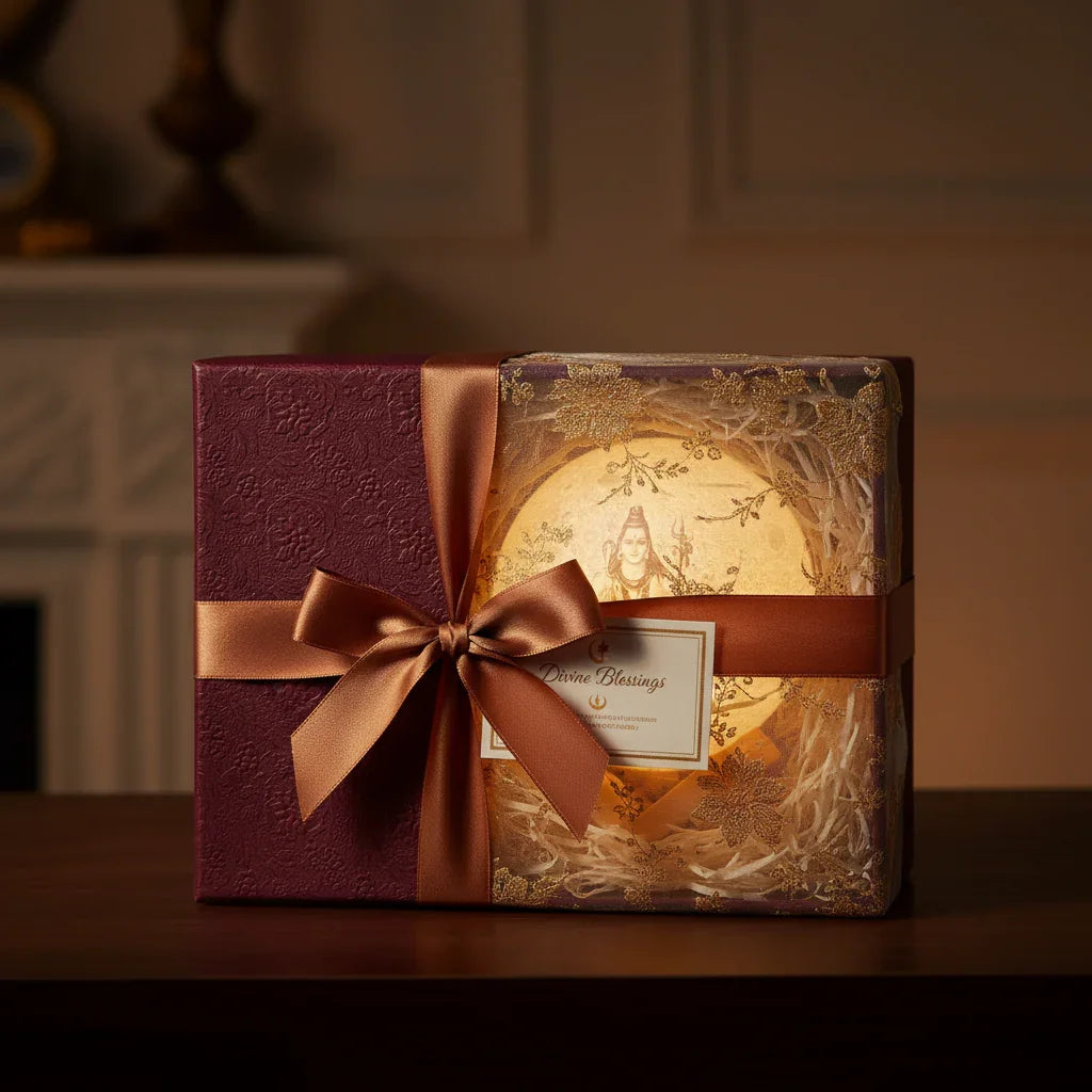 Luxury gift box with gold ribbon and Divine Blessings label from The Sculpt Studio