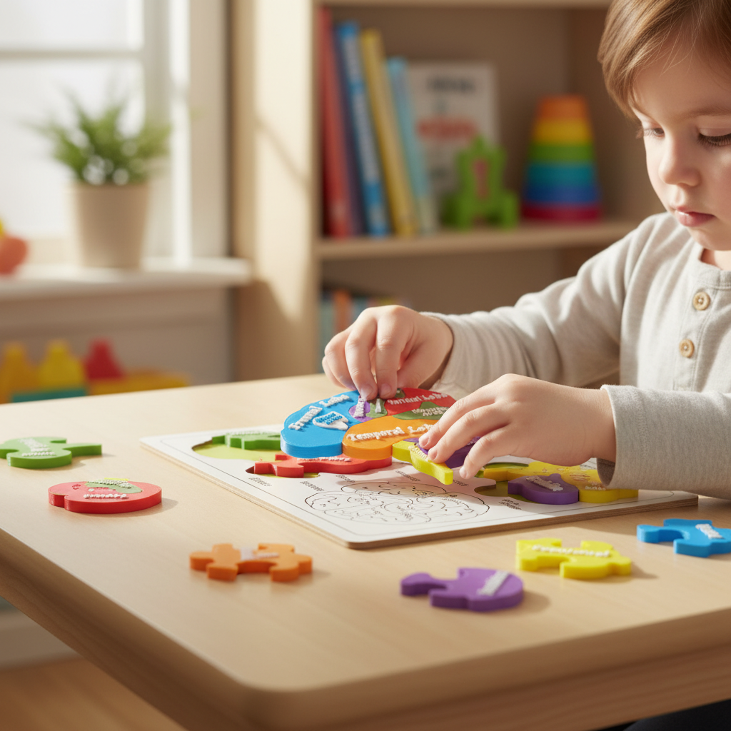 Child assembling 2D brain puzzle learning brain anatomy hands-on