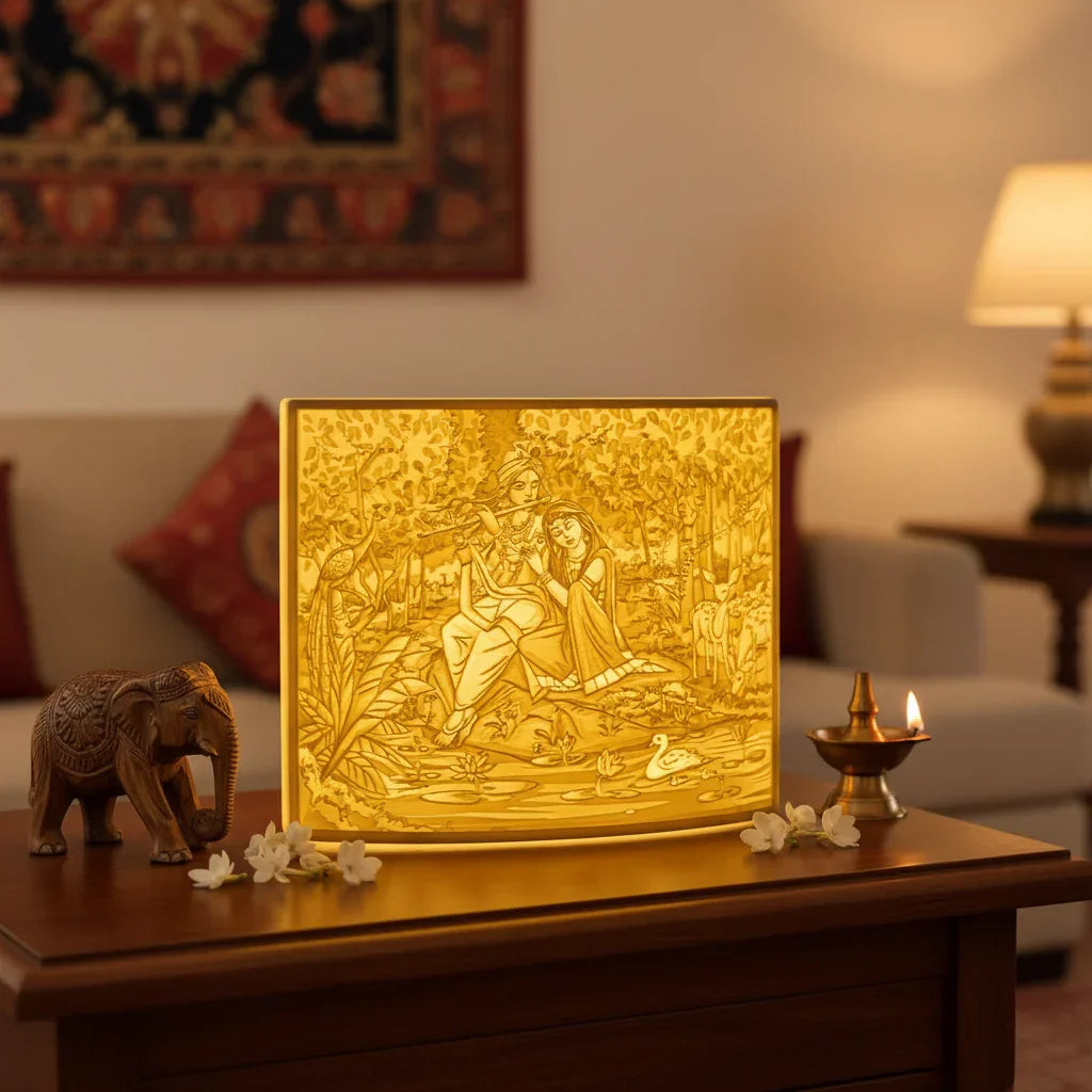 Intricately carved illuminated art panel with Indian couple in nature, on wooden table in cozy living room.
