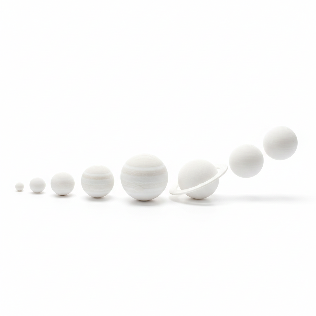 Complete DIY planet set showing all 8 planets in white eco-friendly PLA material