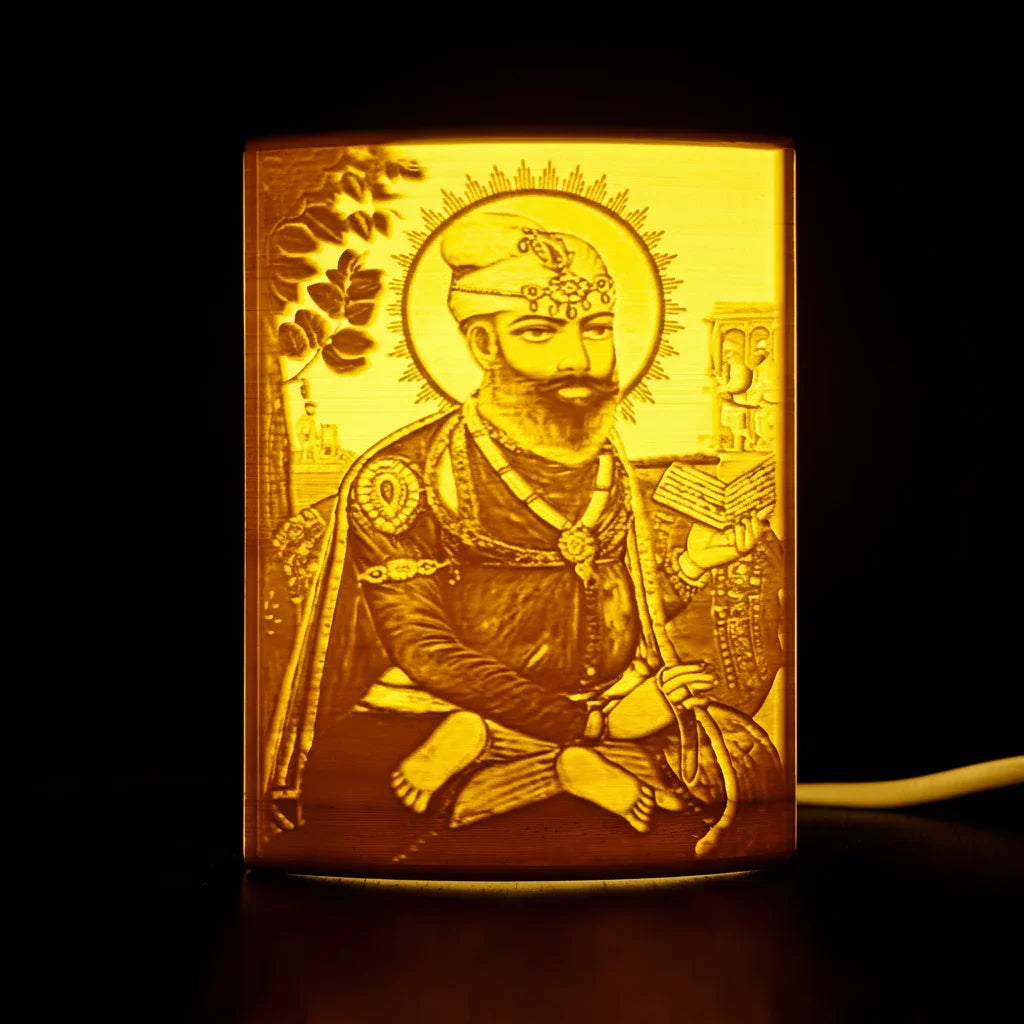 Illuminated 3D lithophane lamp with engraved Sikh guru artwork, The Sculpt Studio décor