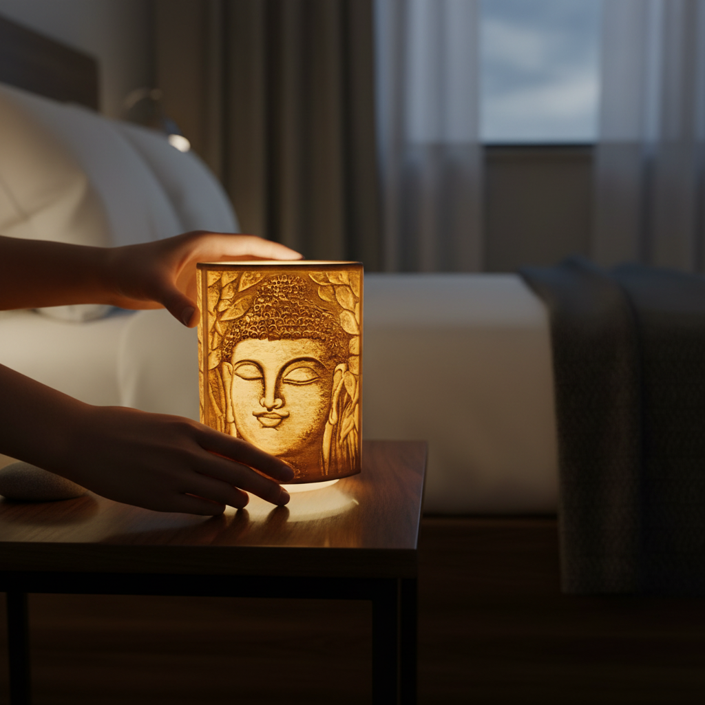Person placing glowing Lord Buddha lithophane lamp bedside peaceful