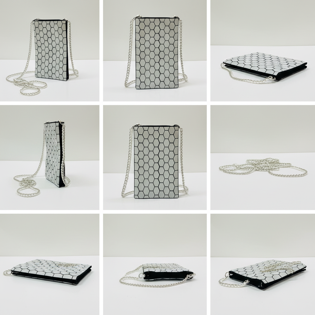 Black white honeycomb 3D printed sling bag multiple angles