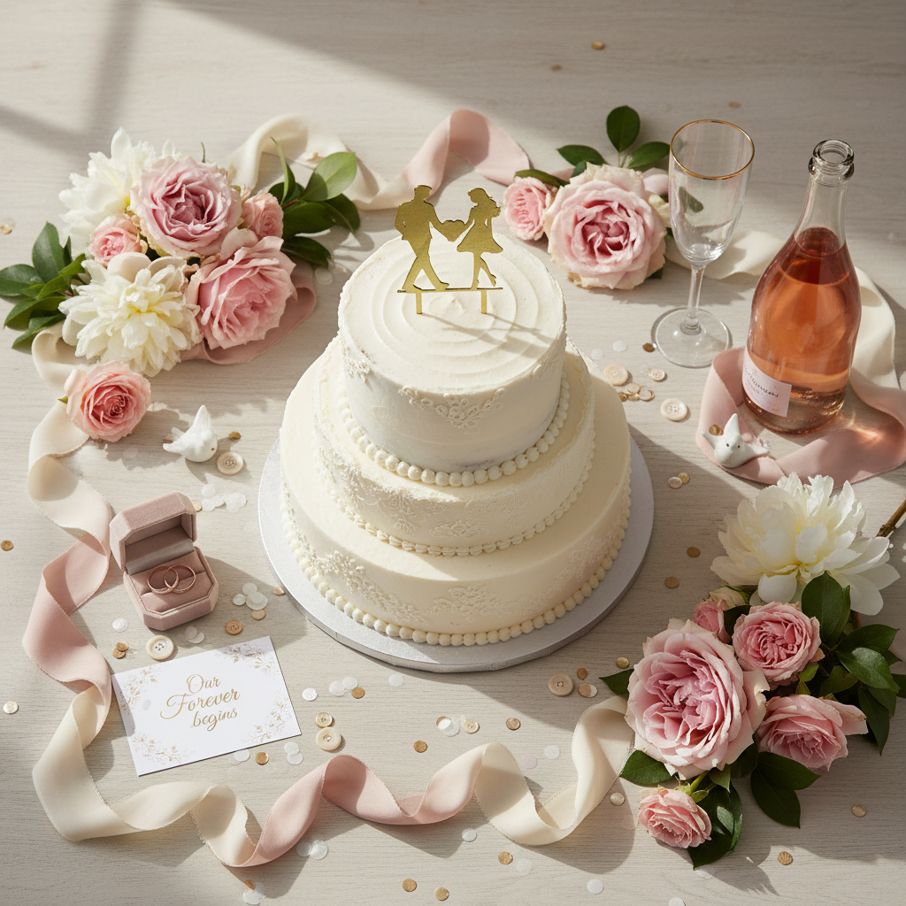 Couple love cake topper in festive flatlay with wedding celebration items