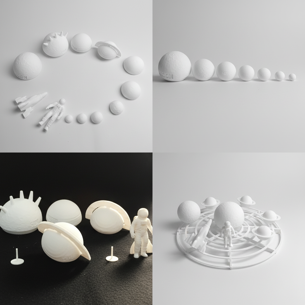 Multiple angle views of DIY solar system set showing planets and size comparisons