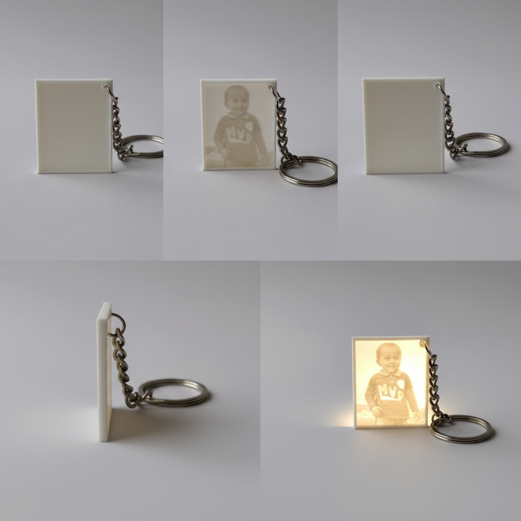 Multiple angle views of lithophane keychain showing backlit and non-backlit effects