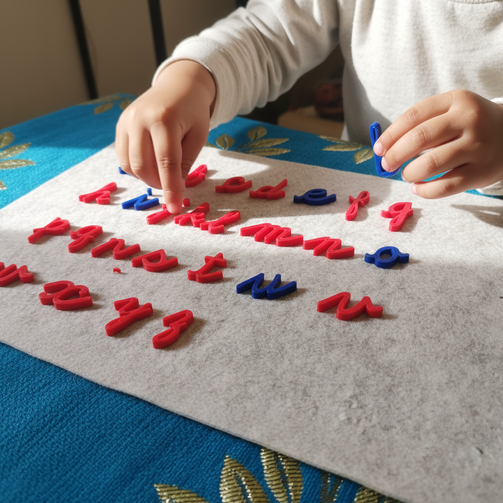 Child tracing 3D printed lowercase letters for tactile literacy learning