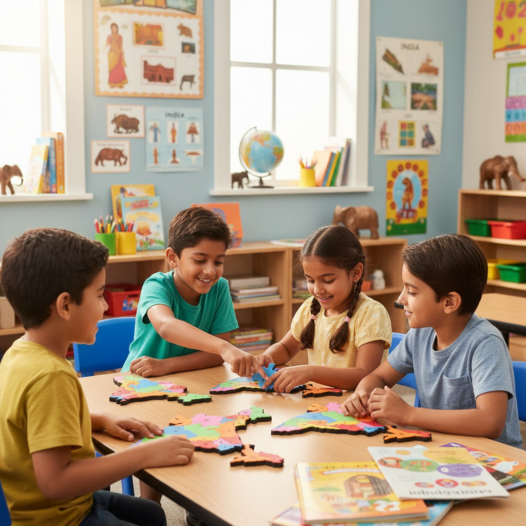 Children classroom using India Kit puzzles cultural geography learning