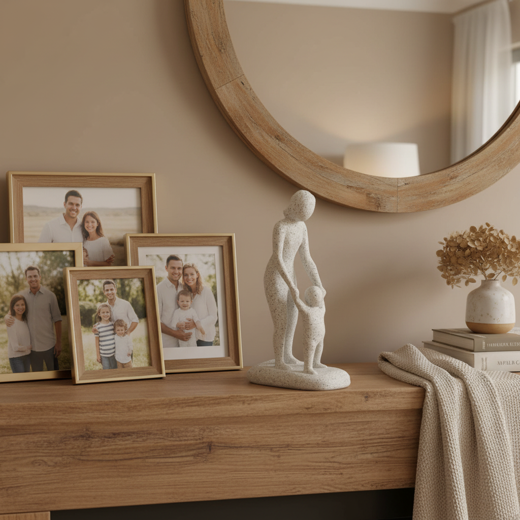 Guiding hand figurine displayed on home shelf with family photos