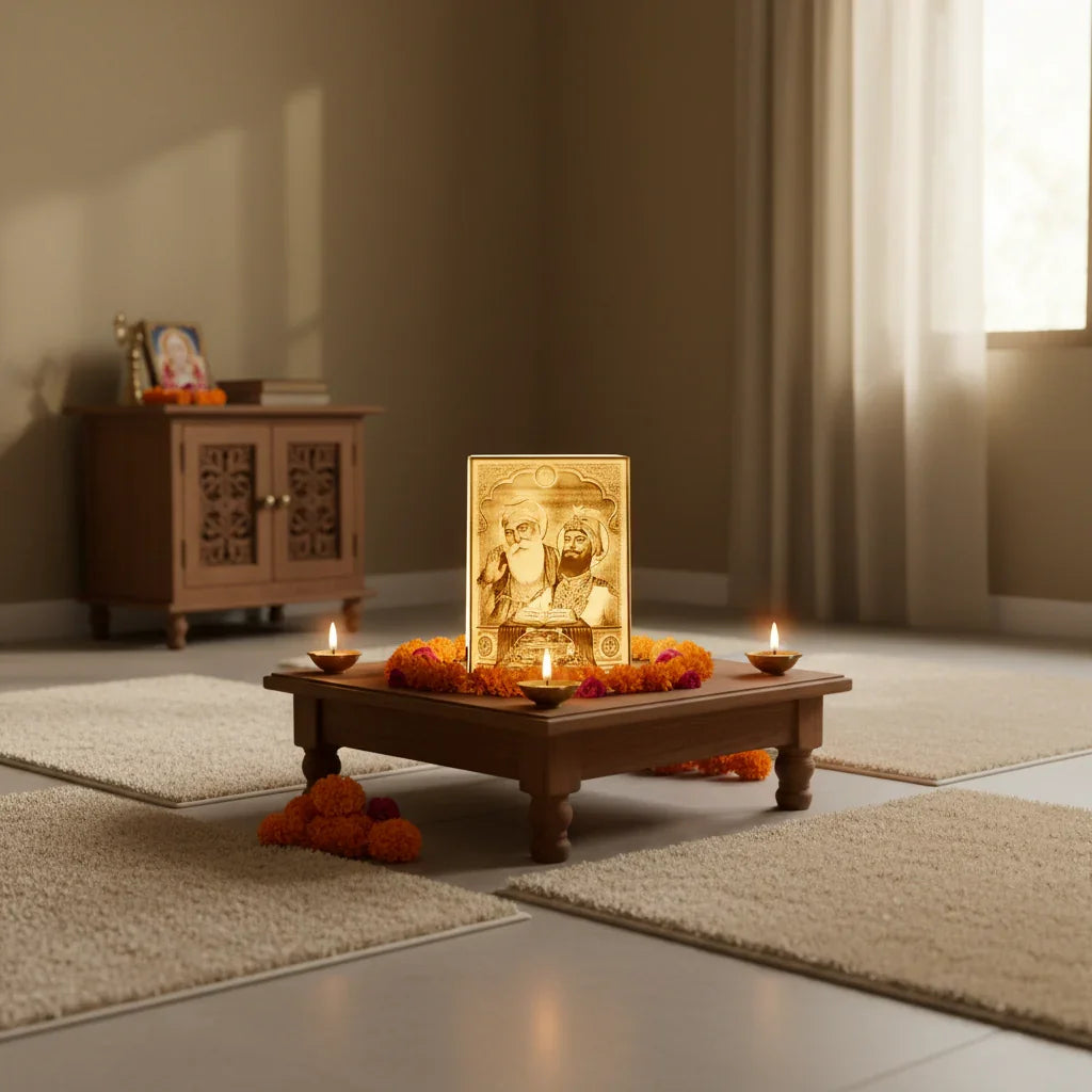 Wooden pooja table with engraved Sikh figures, marigolds, and oil lamps in serene room