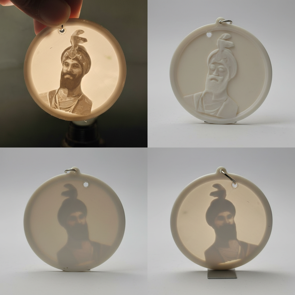 Multiple angle views of Sikh warrior lithophane keychain showing backlit effects
