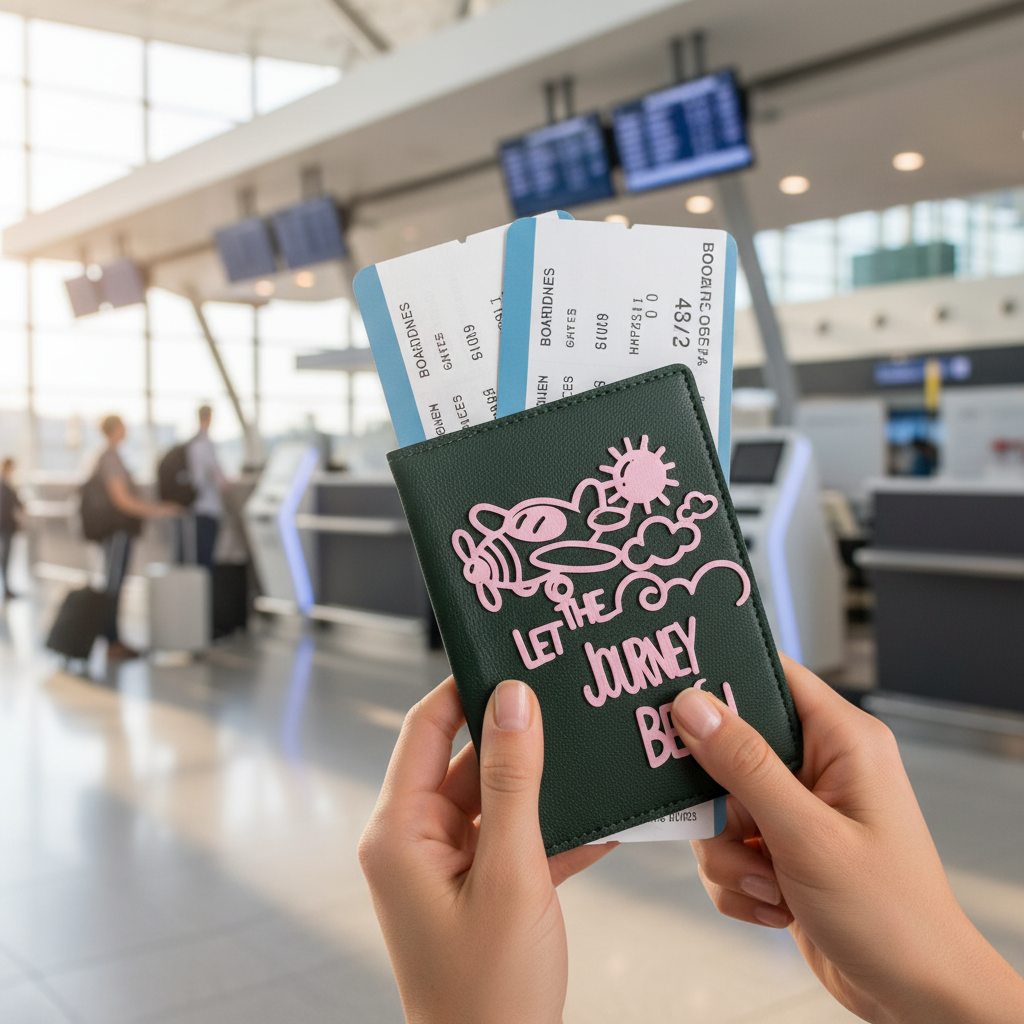 Traveler at airport with Let the Journey Begin passport cover showing wanderlust lifestyle