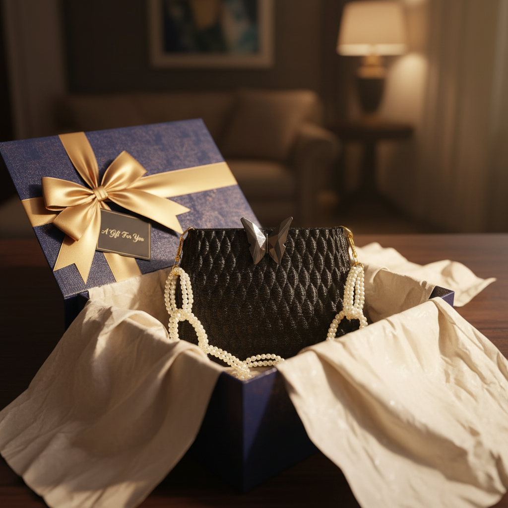 Black handbag pearl chain butterfly clasp gift wrapped luxury present