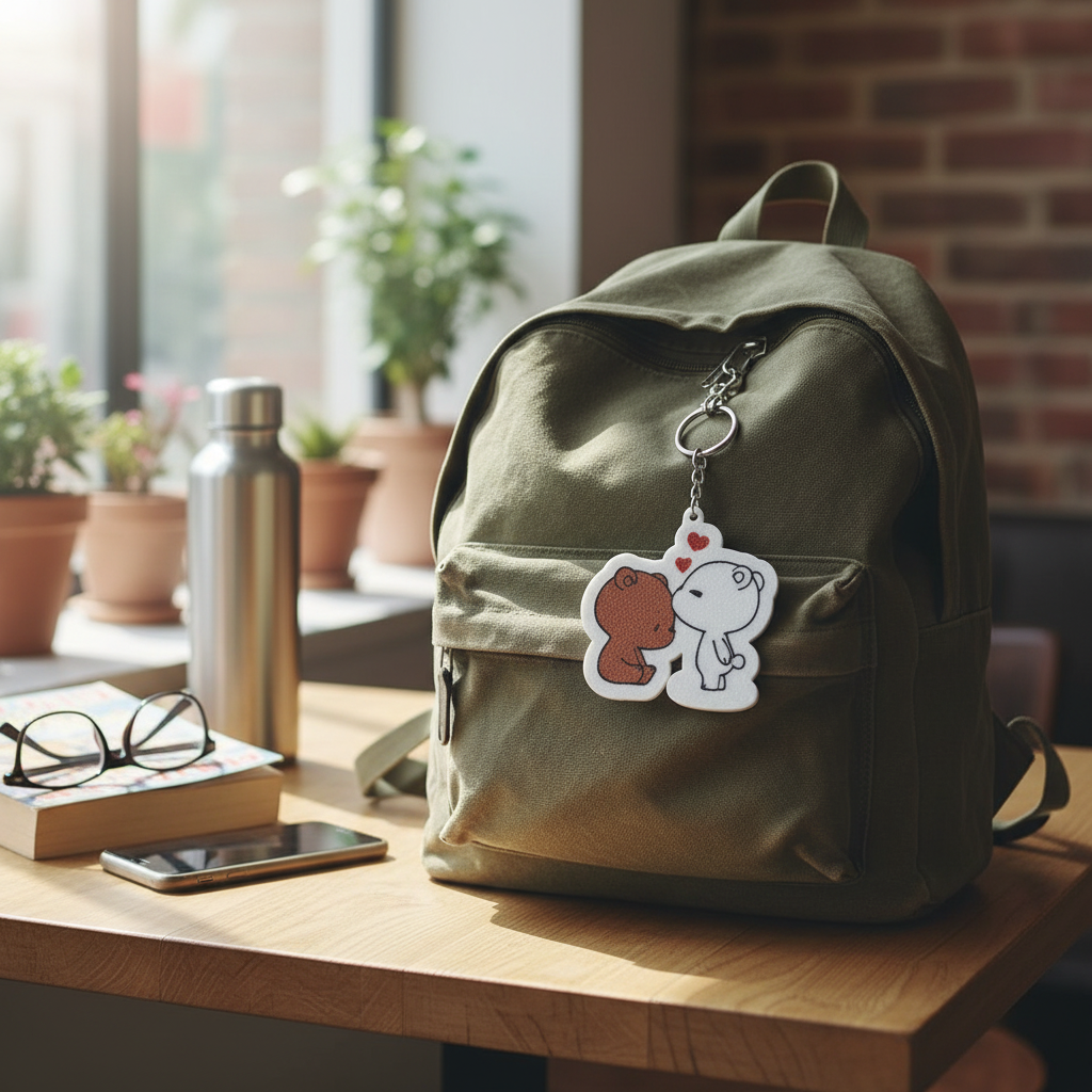Dudu Bubu keychain attached to backpack showing everyday practical use