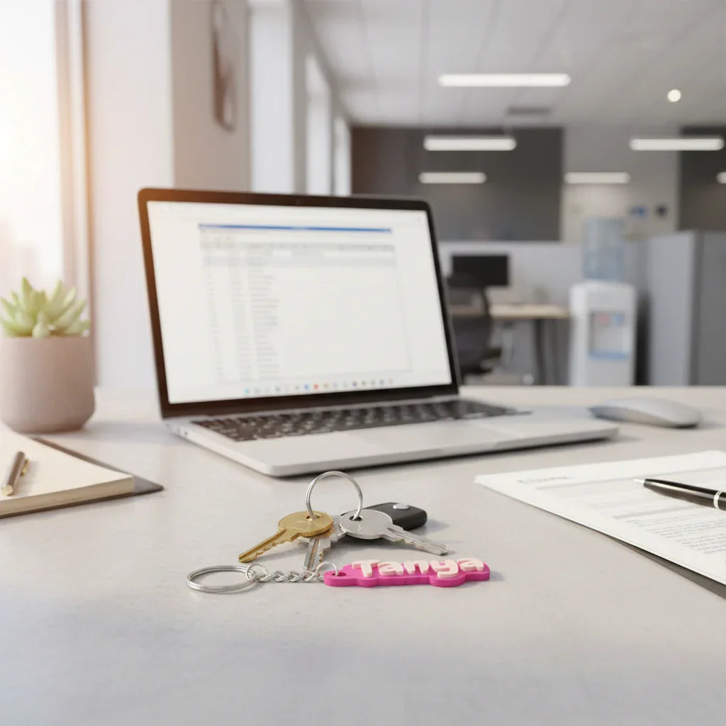 Modern office desk with laptop, plant, keys, and documents at The Sculpt Studio workspace