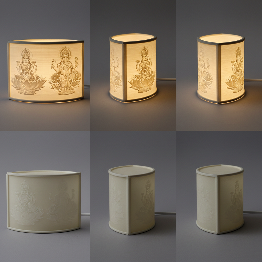 Multiple angle views of Laxmi Ganesh lithophane lamp showing divine details