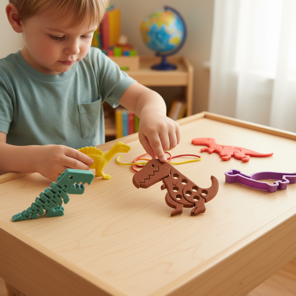 Child playing with Dino Kit 3D dinosaur flexi puzzle cutters lacing toy