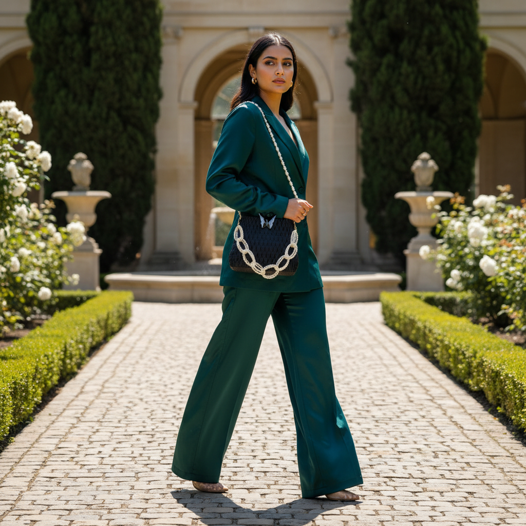 Woman carrying black 3D printed handbag pearl chain butterfly clasp elegant