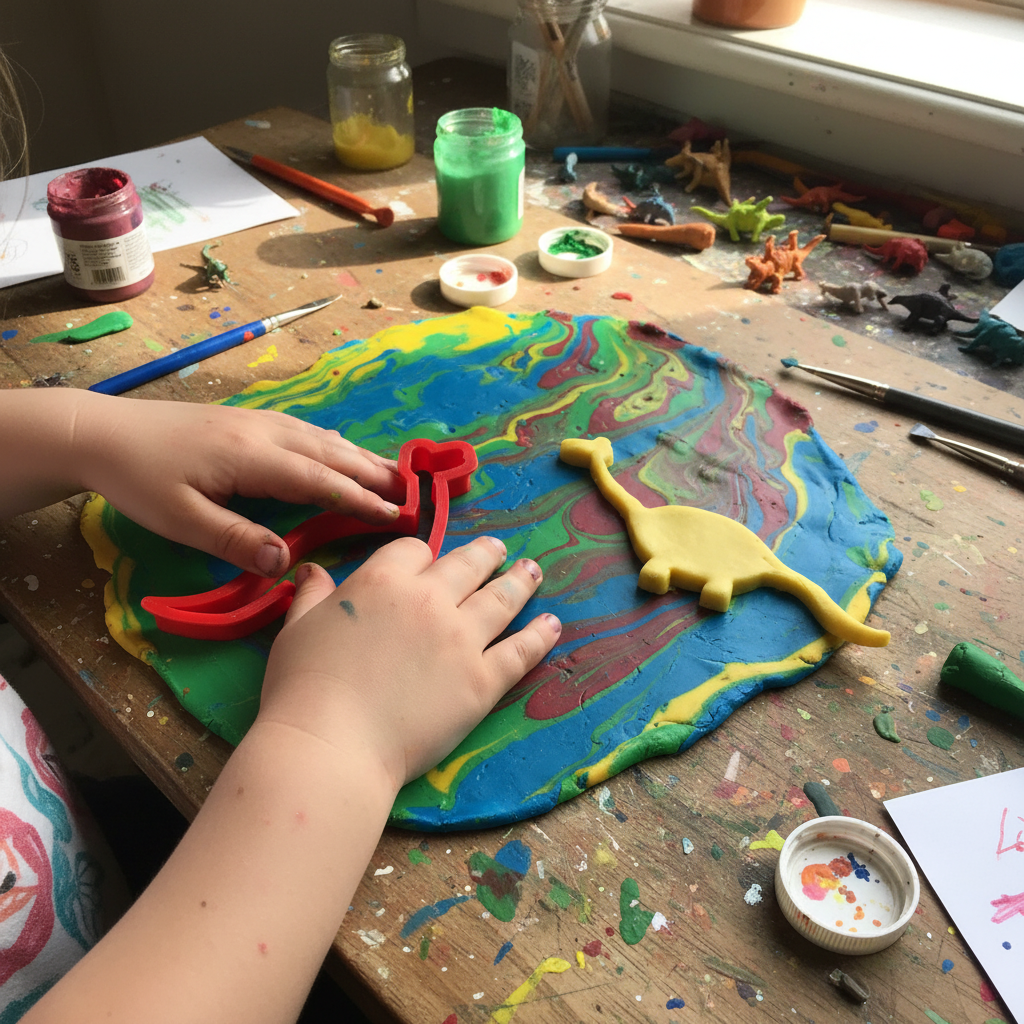 Child hands using dinosaur cutter pressing T-Rex pattern into clay