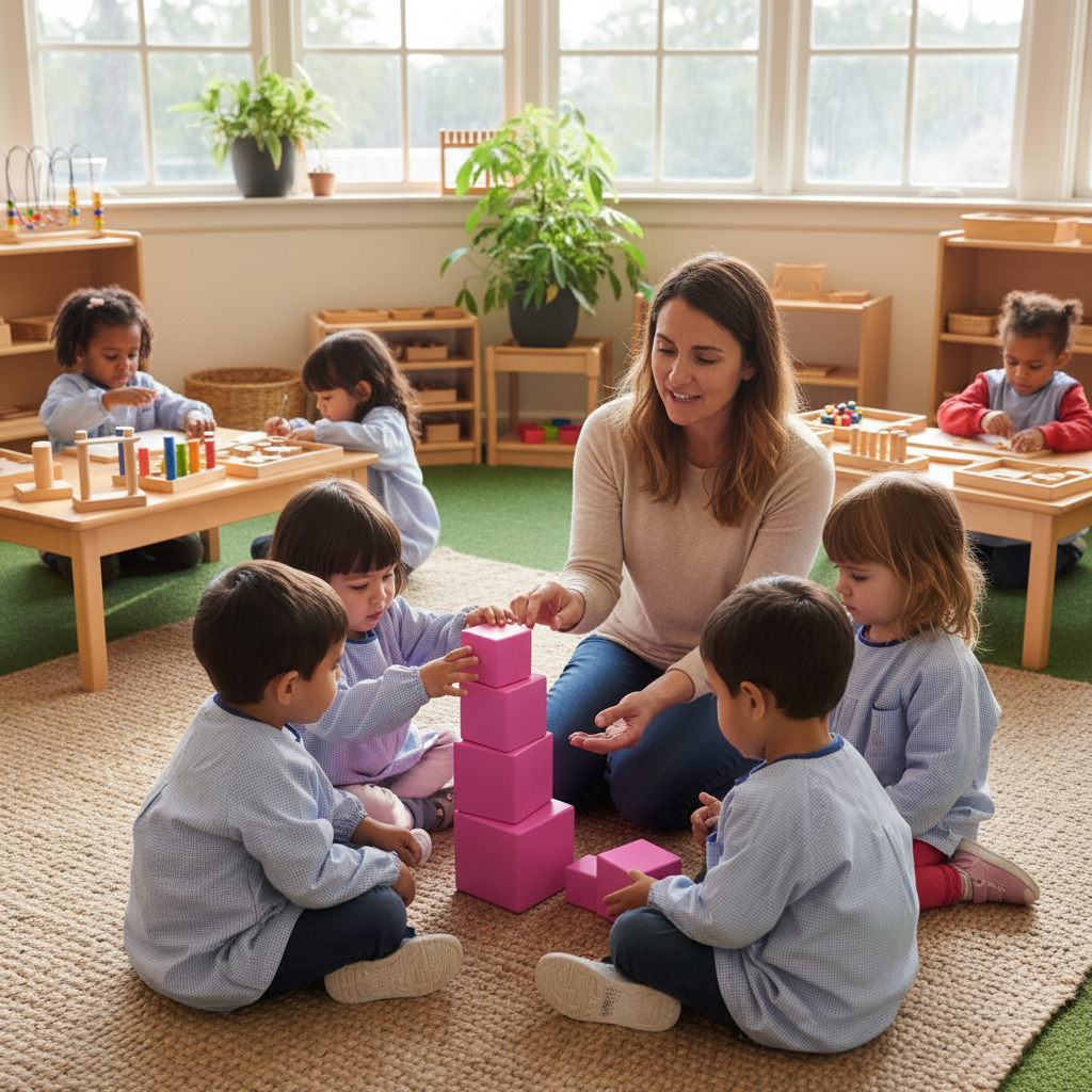 Children Montessori classroom using pink tower size learning