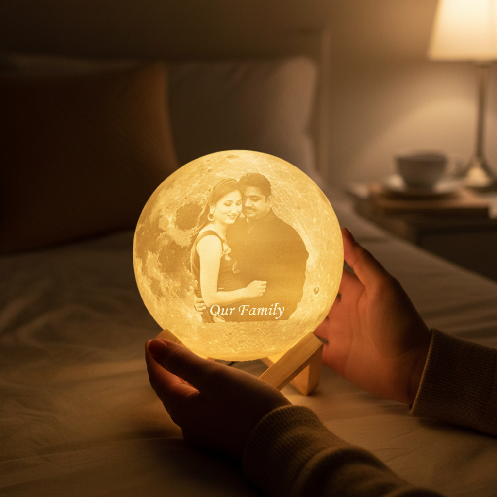 Person holding glowing custom 3D moon lamp personalized photo text bedroom