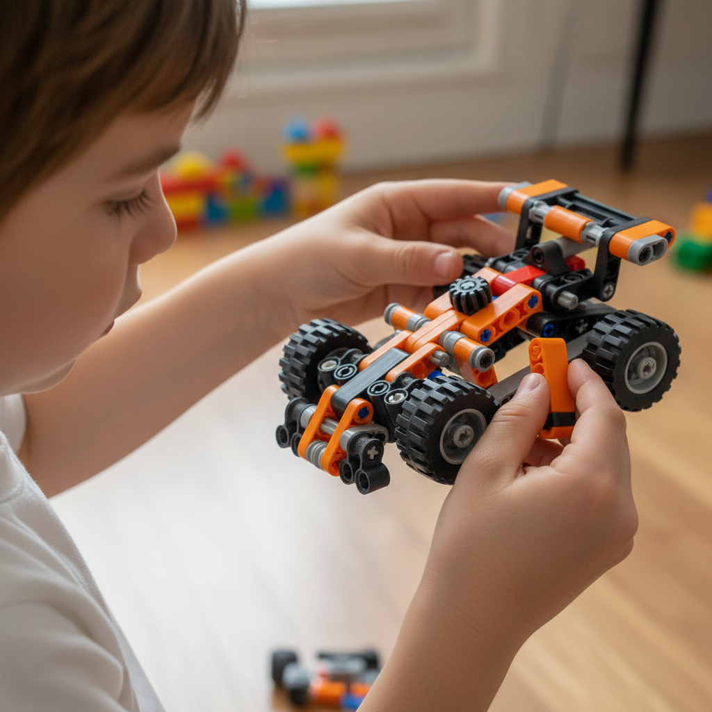 Child's hands playing with modular 3D printed racing car toy