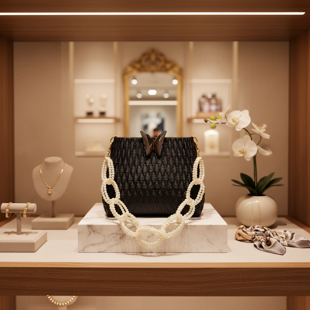 Black 3D printed handbag pearl chain boutique display luxury fashion