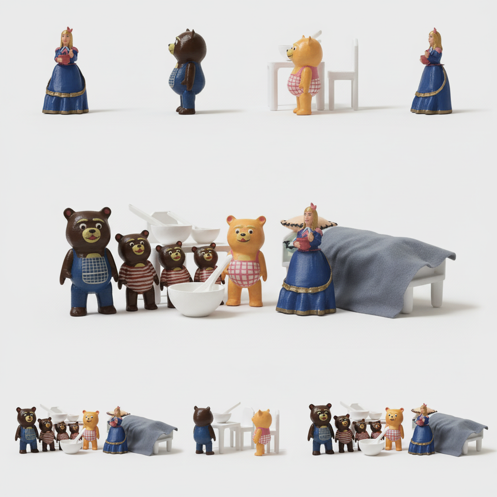 Multiple angle view of Goldilocks and Three Bears props showing complete set craftsmanship